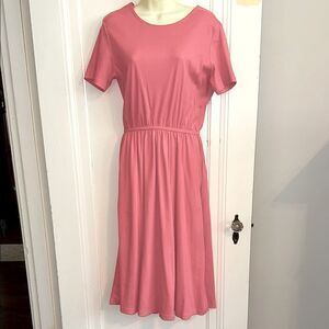 Vintage 80s Peachy‎ Pink Knit Short Sleeve Dress with Full Skirt